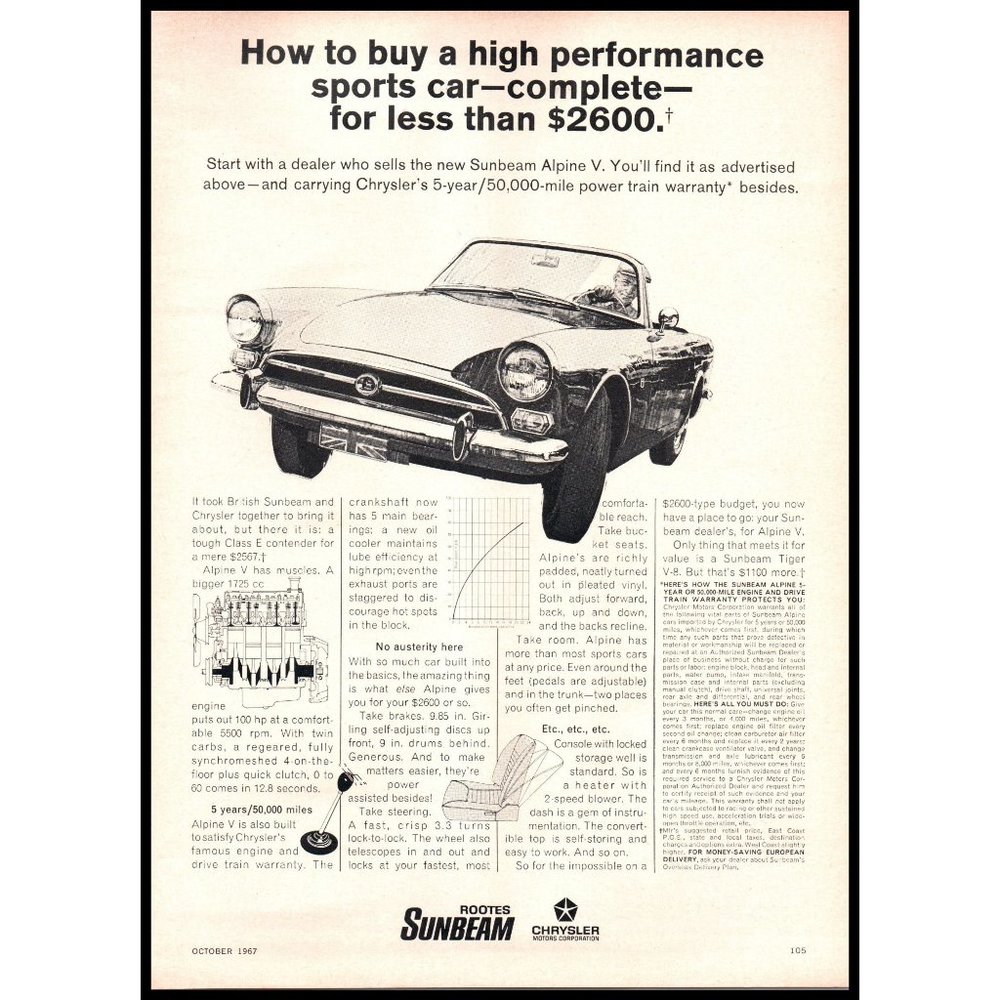 1968 Sunbeam Rootes Alpine V Convertible Roadster Vintage Print Ad Wall Art